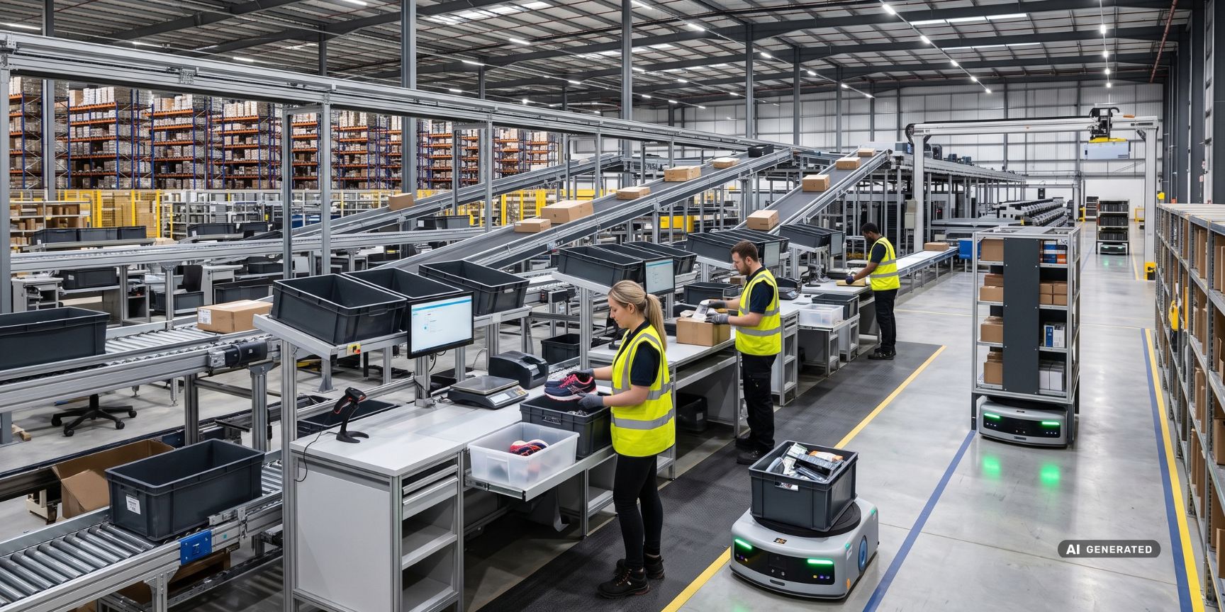 Interior view of the returns hub in North Rhine-Westphalia: Employees check returns at packing stations in modern contract logistics, supported by autonomous robots.